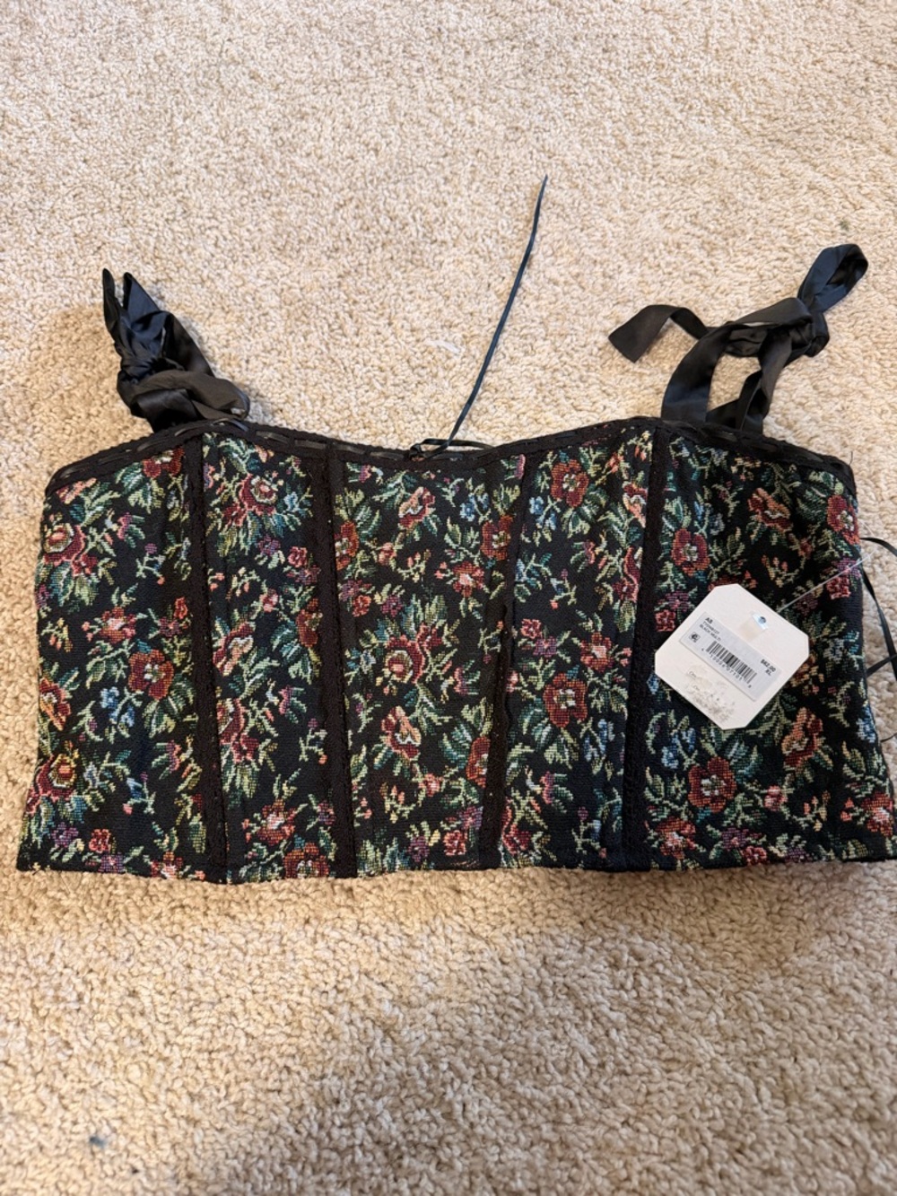 Altar'd State Black Floral Brocade Corset Crop Top with Ribbon Straps